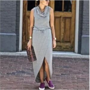 Dolan Anthropologie Black White Striped Knit Hi Lo Cowl Neck Maxi Dress Sz Small